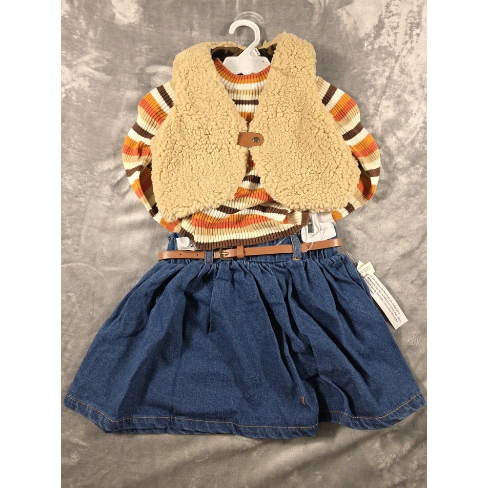 Cynthia Rowley Girls Small 5/6 3pc Set Long Sleeve Knit Shirt/Vest/Denim Skirt